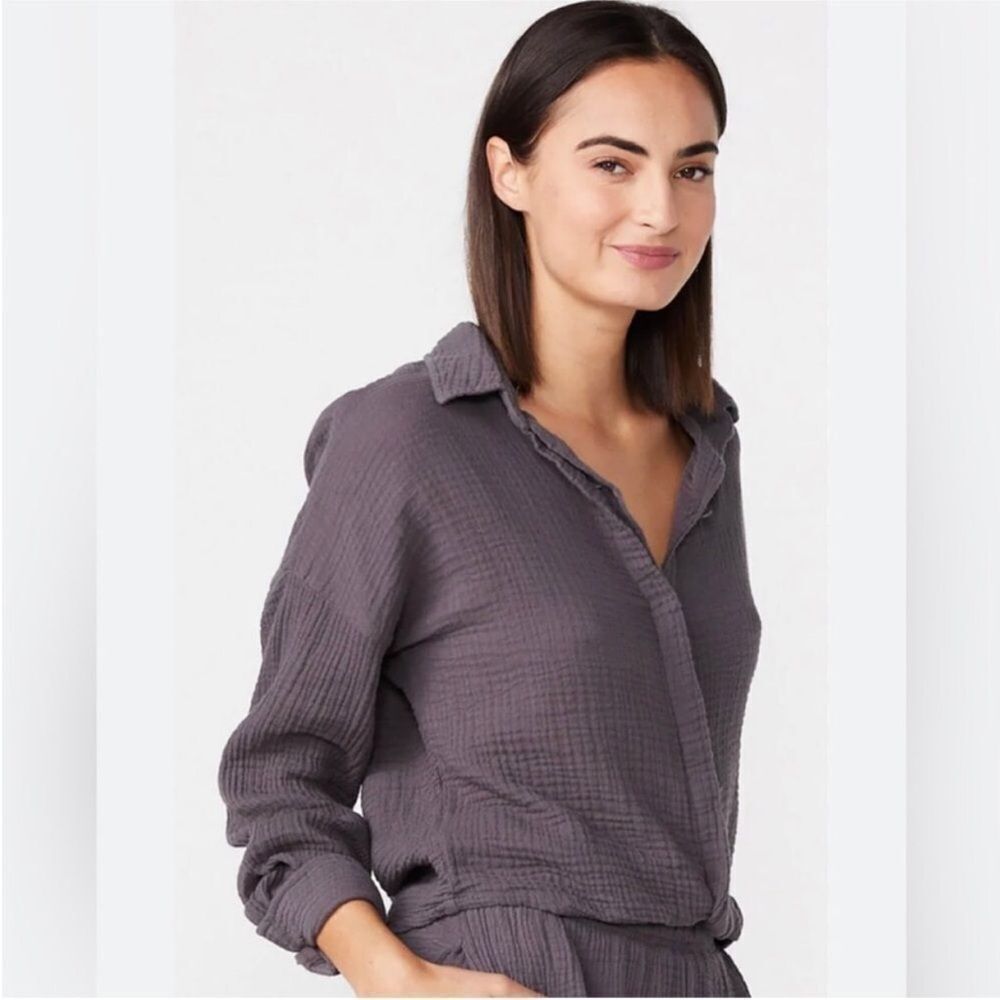 MONROW Relaxed Cotton Gauze Button Down Shirt‎ Twist Front Gray Size Large